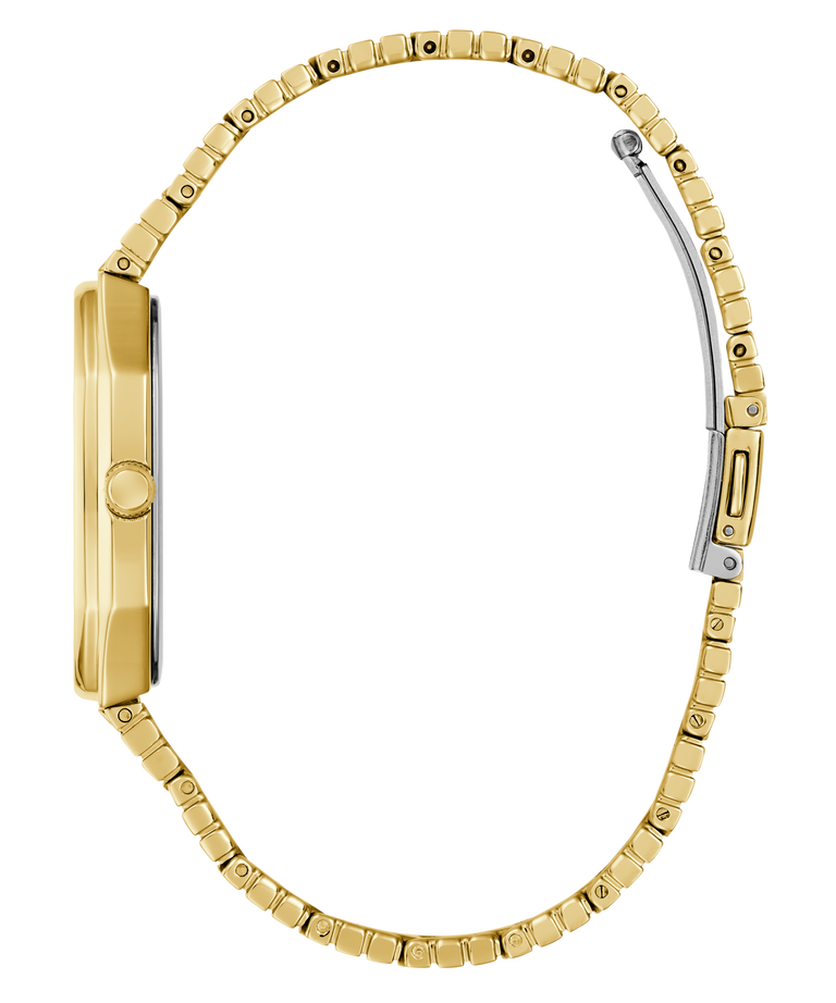 side of GUESS Mens Gold Tone Date Watch with a beaded band on a white background