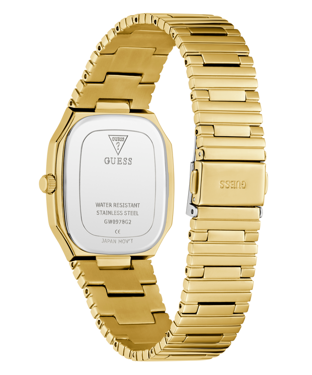 caseback of GUESS Mens Gold Tone Date Watch with a visible brand logo on a white background