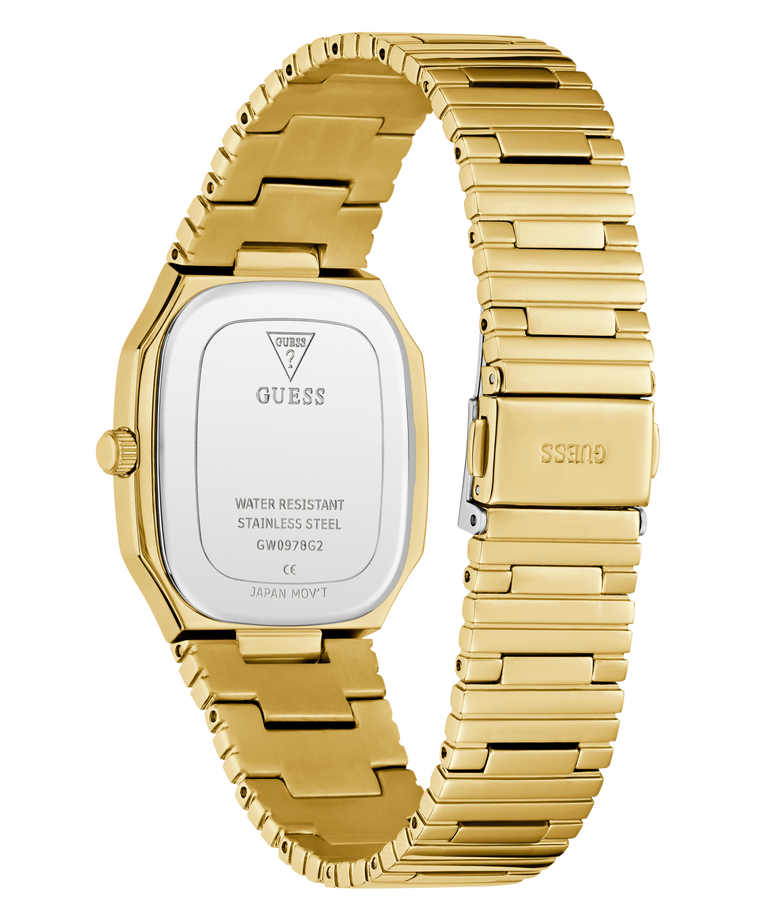 caseback of GUESS Mens Gold Tone Date Watch with a visible brand logo on a white background