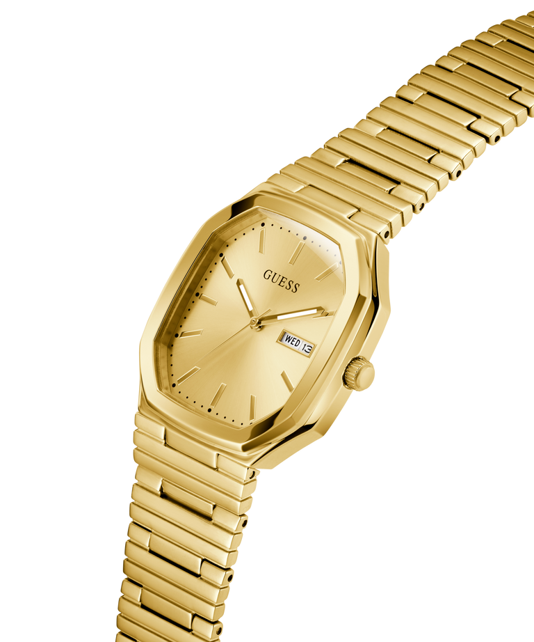 GUESS Mens Gold Tone Date Watch with a metallic band on a white background lifestyle