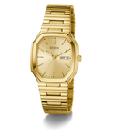GUESS Mens Gold Tone Date Watch with a visible brand logo on a white background