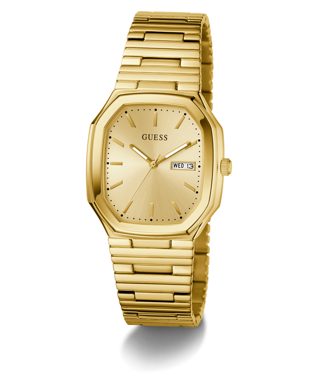 GUESS Mens Gold Tone Date Watch with a visible brand logo on a white background
