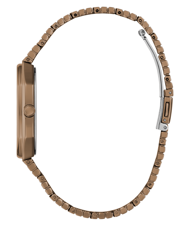 Close-up of a GUESS Mens Coffee Date Watch with a brown beaded strap on a white background