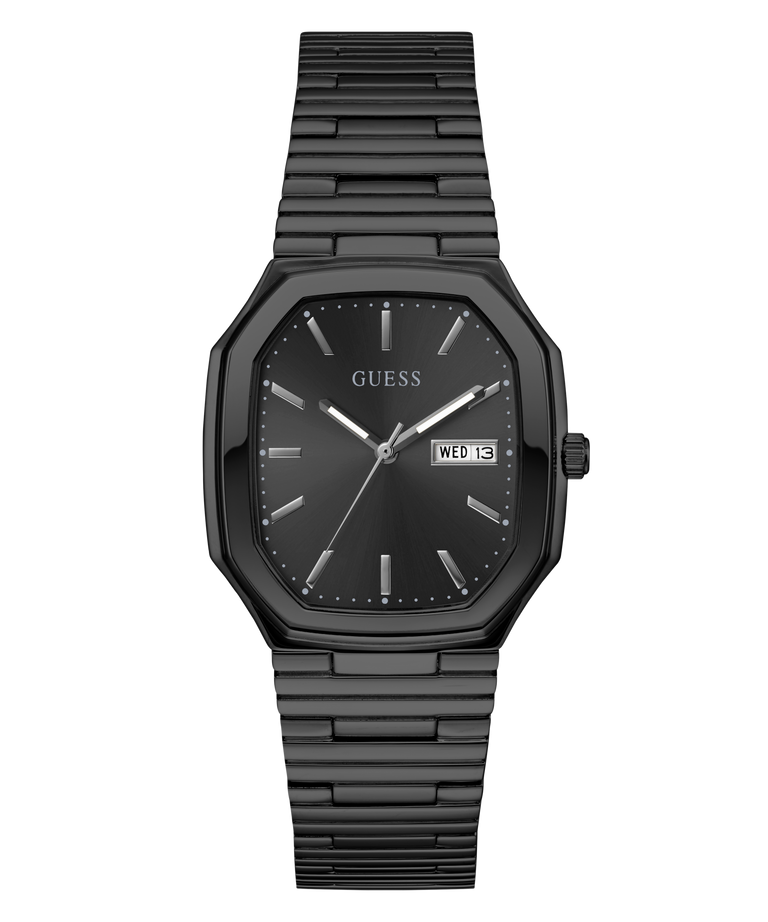 GUESS Mens Black Date Watch with a metallic band on a white background