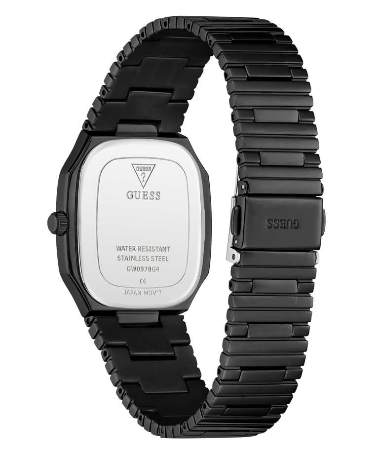 GUESS Mens Black Date Watch with a metallic band on a white background