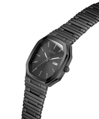 Black watch with metal strap on a white background lifestyle