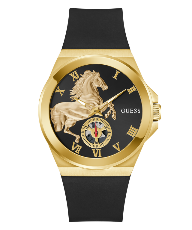 Gold and black GUESS Mens Limited Edition Lunar New Year Black Gold Tone Analog Watch with horse design and 'Guess' branding on a white background