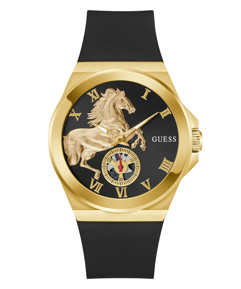Gold and black GUESS Mens Limited Edition Lunar New Year Black Gold Tone Analog Watch with horse design and 'Guess' branding on a white background