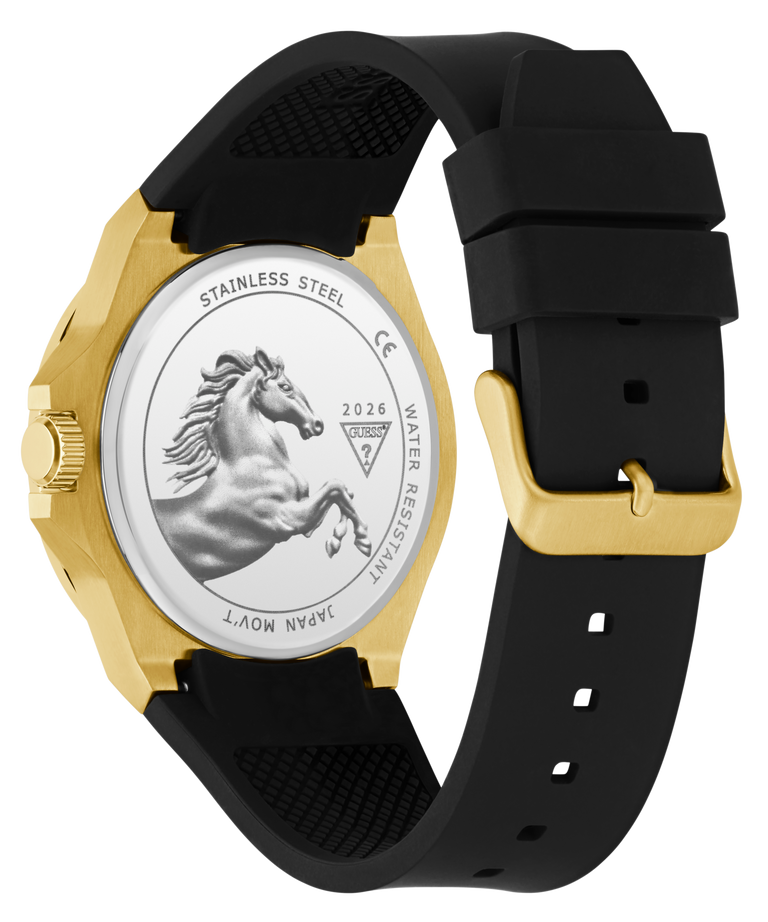 GUESS Mens Limited Edition Lunar New Year Black Gold Tone Analog Watch with black strap and gold case on a white background