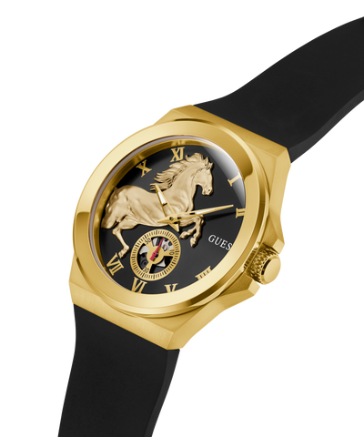Gold GUESS Mens Limited Edition Lunar New Year Black Gold Tone Analog Watch with black strap and horse design on face against white background lifestyle