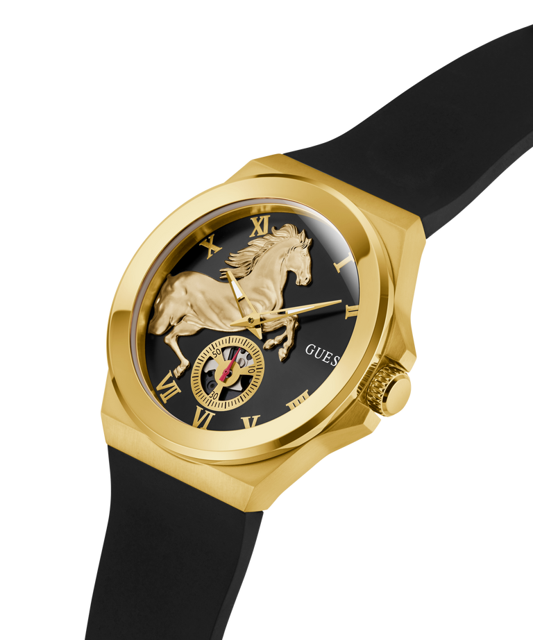 Gold GUESS Mens Limited Edition Lunar New Year Black Gold Tone Analog Watch with black strap and horse design on face against white background lifestyle