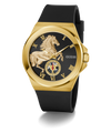 Gold GUESS Mens Limited Edition Lunar New Year Black Gold Tone Analog Watch with black strap and horse design on face against white background