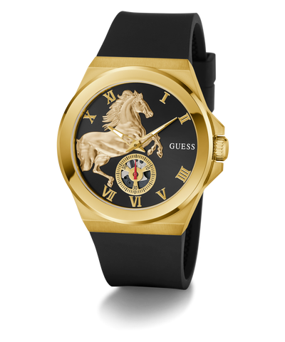 Gold GUESS Mens Limited Edition Lunar New Year Black Gold Tone Analog Watch with black strap and horse design on face against white background