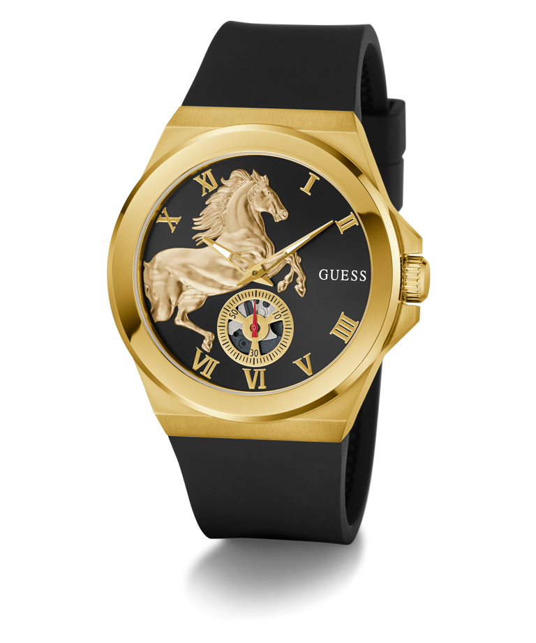 Gold GUESS Mens Limited Edition Lunar New Year Black Gold Tone Analog Watch with black strap and horse design on face against white background