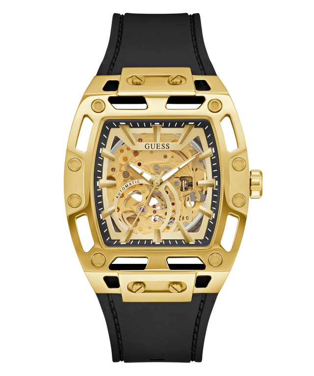 GUESS Mens Black Gold Tone Automatic Watch with black strap on a white background