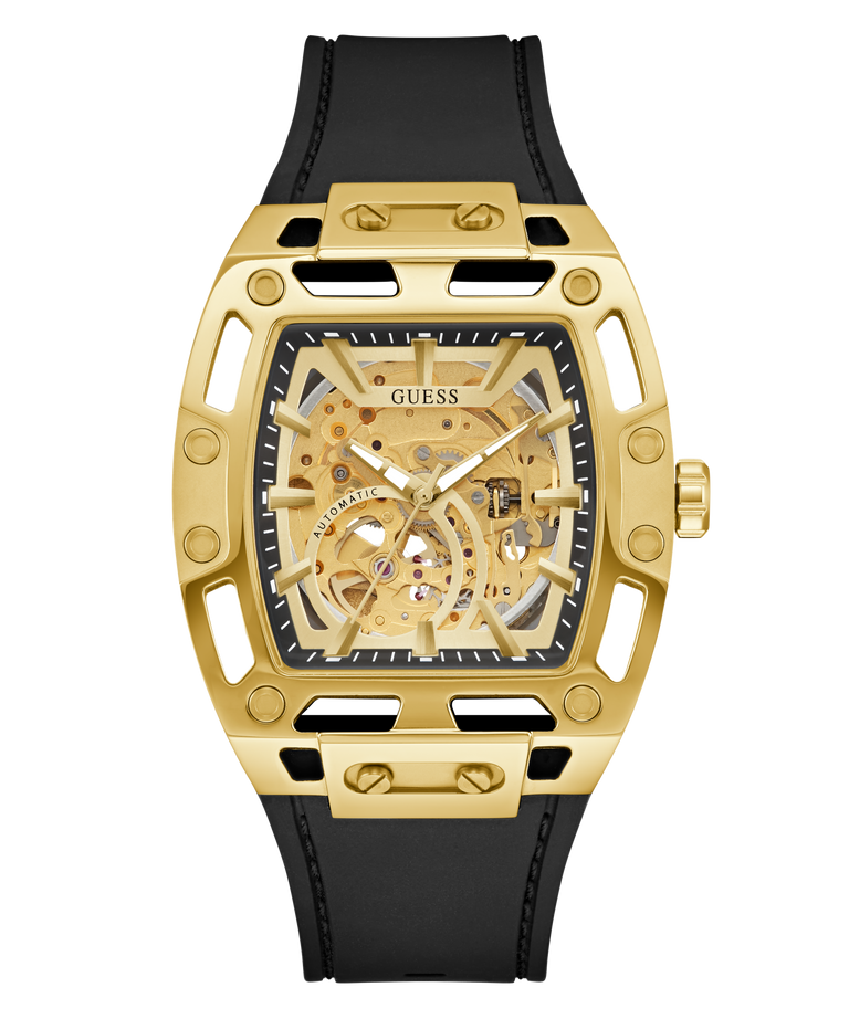 GUESS Mens Black Gold Tone Automatic Watch with black strap on a white background
