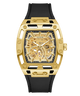 GUESS Mens Black Gold Tone Automatic Watch with black strap on a white background