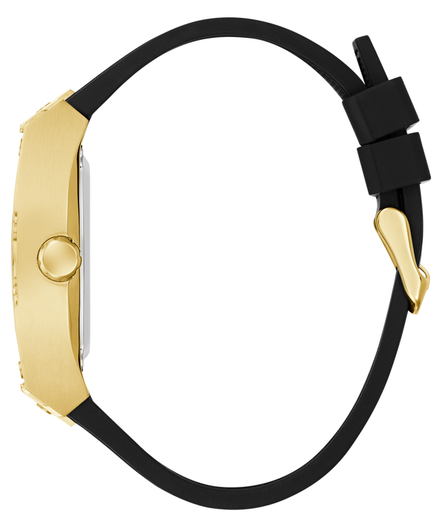 GUESS Mens Black Gold Tone Automatic Watch with black strap on a white background