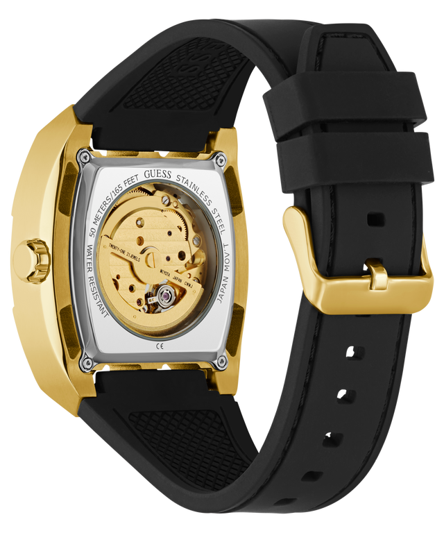 Watch with black strap and gold case backon a white background