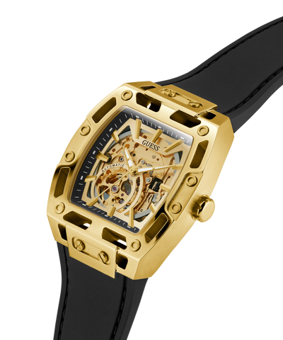 Gold watch with black strap on a white background lifestyle
