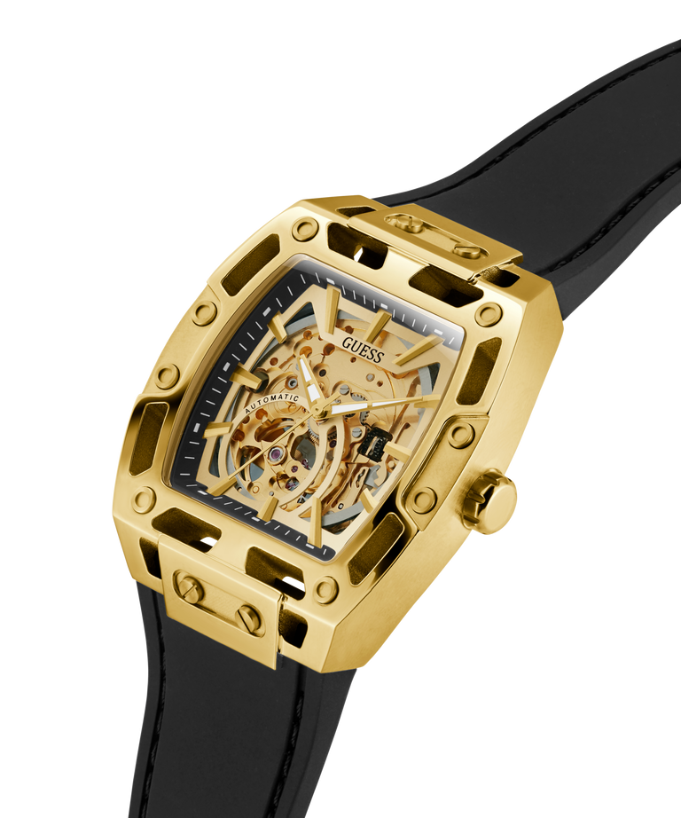 Gold watch with black strap on a white background lifestyle