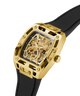 Gold watch with black strap on a white background lifestyle