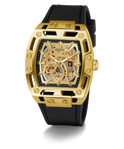 GUESS Mens Black Gold Tone Automatic Watch with visible brand logo on a white background