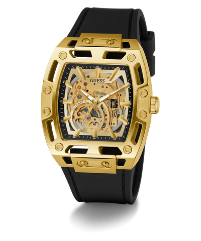 GUESS Mens Black Gold Tone Automatic Watch with visible brand logo on a white background