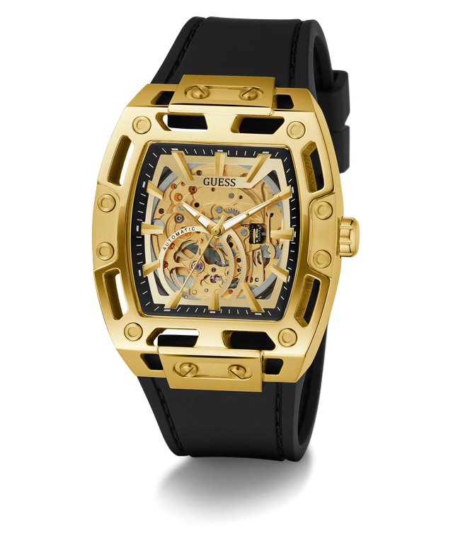 GUESS Mens Black Gold Tone Automatic Watch with visible brand logo on a white background