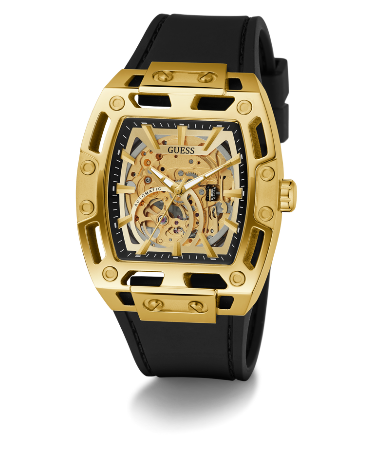 GUESS Mens Black Gold Tone Automatic Watch with visible brand logo on a white background