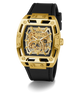 GUESS Mens Black Gold Tone Automatic Watch with visible brand logo on a white background