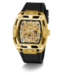 GUESS Mens Black Gold Tone Automatic Watch with visible brand logo on a white background
