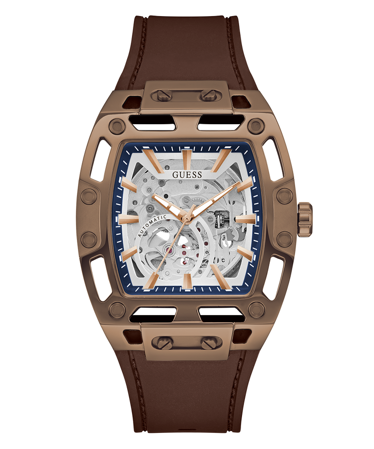 GUESS Mens Brown Coffee Automatic Watch with brown strap and bronze case on white background