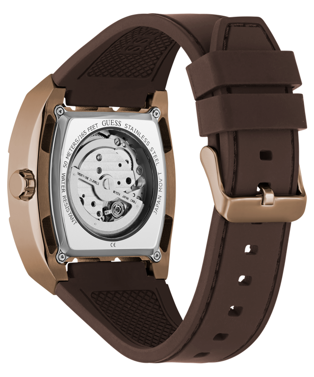 GUESS Mens Brown Coffee Automatic Watch with brown strap and gold case on a white background