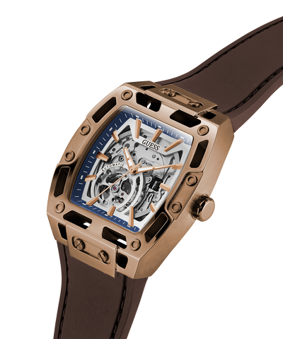 Rose gold watch with brown strap on a white background lifestyle