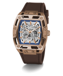 GUESS Mens Brown Coffee Automatic Watch with brown strap and rose gold case on white background