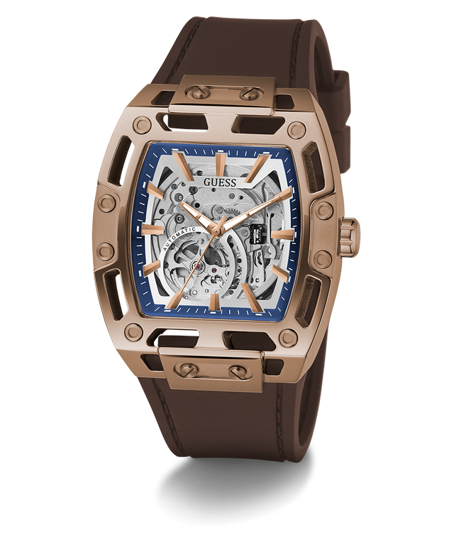 GUESS Mens Brown Coffee Automatic Watch with brown strap and rose gold case on white background