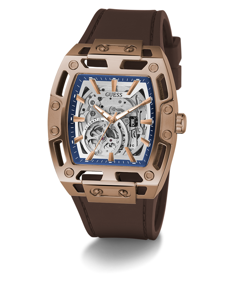 GUESS Mens Brown Coffee Automatic Watch with brown strap and rose gold case on white background