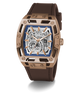GUESS Mens Brown Coffee Automatic Watch with brown strap and rose gold case on white background