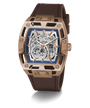 GUESS Mens Brown Coffee Automatic Watch with brown strap and rose gold case on white background