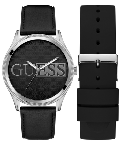 GUESS Mens Black Silver Tone Analog Watch with optional strap