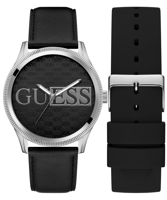 GUESS Mens Black Silver Tone Analog Watch with optional strap