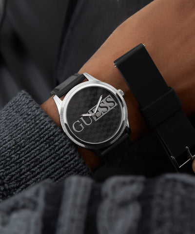 GUESS Mens Black Silver Tone Analog Watch GW0981G1 on model with extra black strap