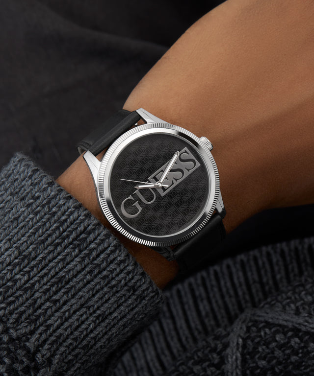 GUESS Mens Black Silver Tone Analog Watch GW0981G1 on model's wrist