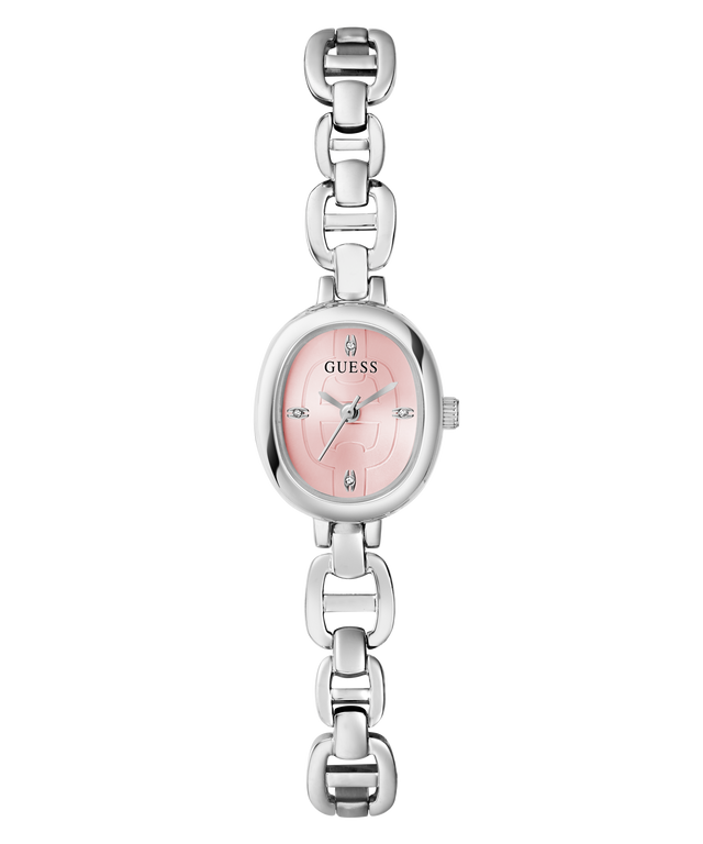 GUESS Ladies Silver Tone Analog Watch with a pink face on a white background