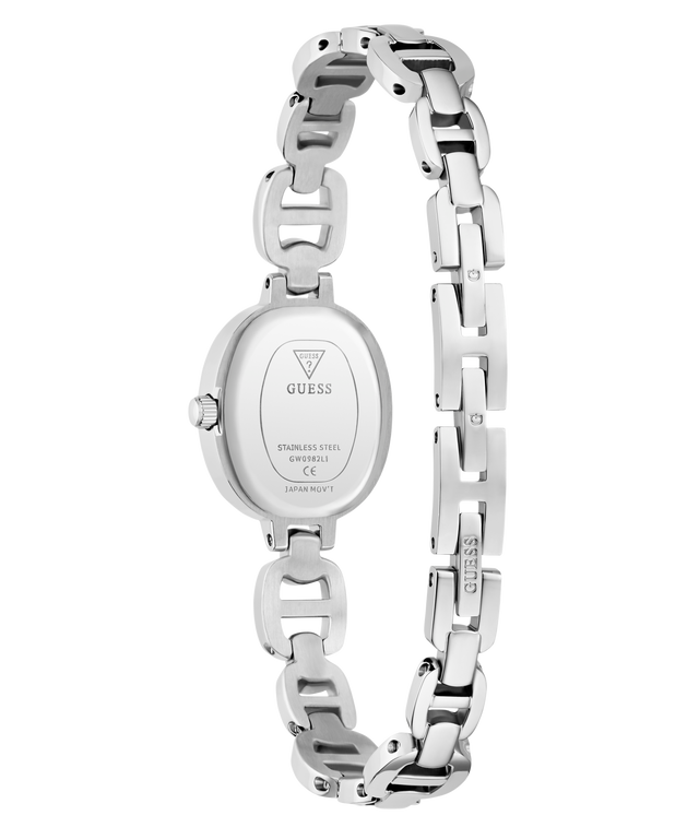 GUESS Ladies Silver Tone Analog Watch with chain-like bracelet on a white background