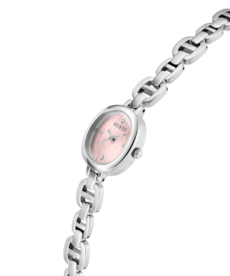 GUESS Ladies Silver Tone Analog Watch with a pink face on a white background lifestyle