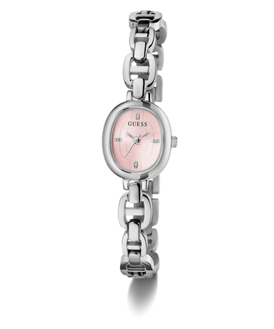 GUESS Ladies Silver Tone Analog Watch with pink face on a white background