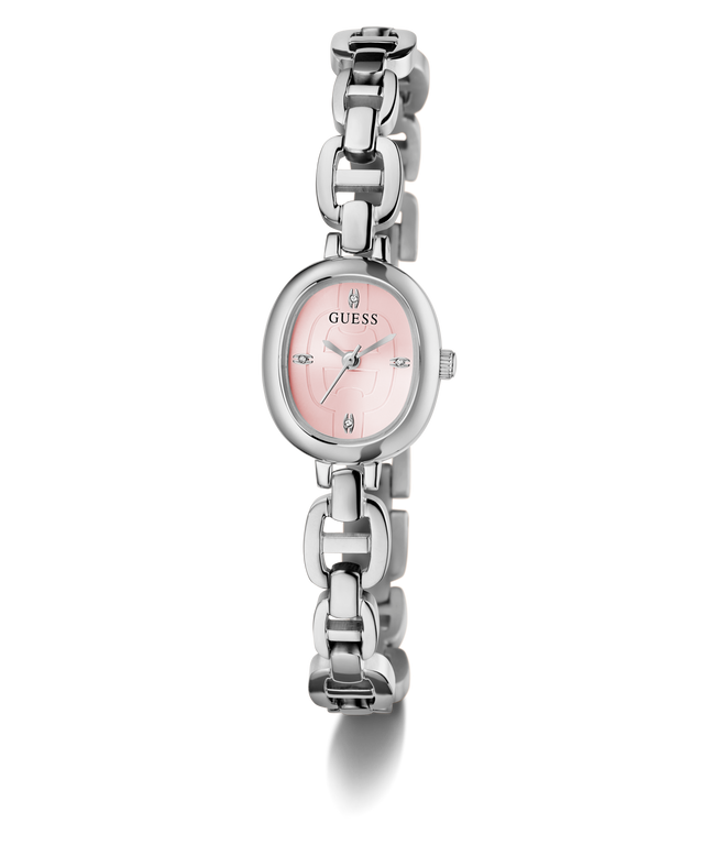 GUESS Ladies Silver Tone Analog Watch with pink face on a white background