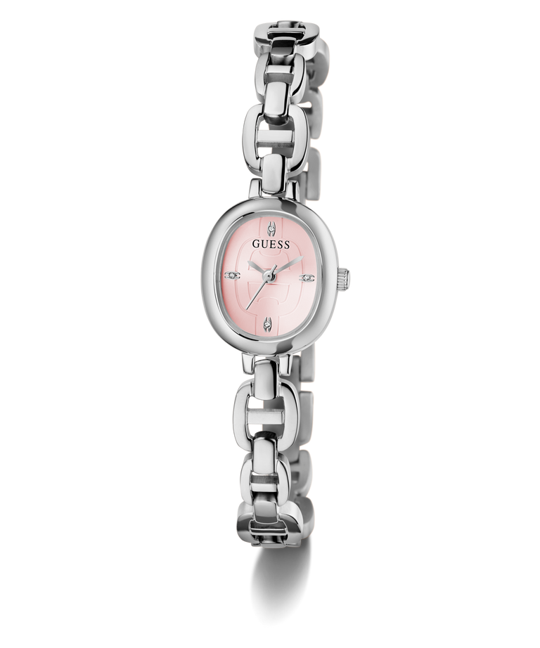 GUESS Ladies Silver Tone Analog Watch with pink face on a white background